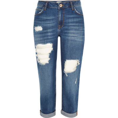 Blue ripped boyfriend cropped jeans